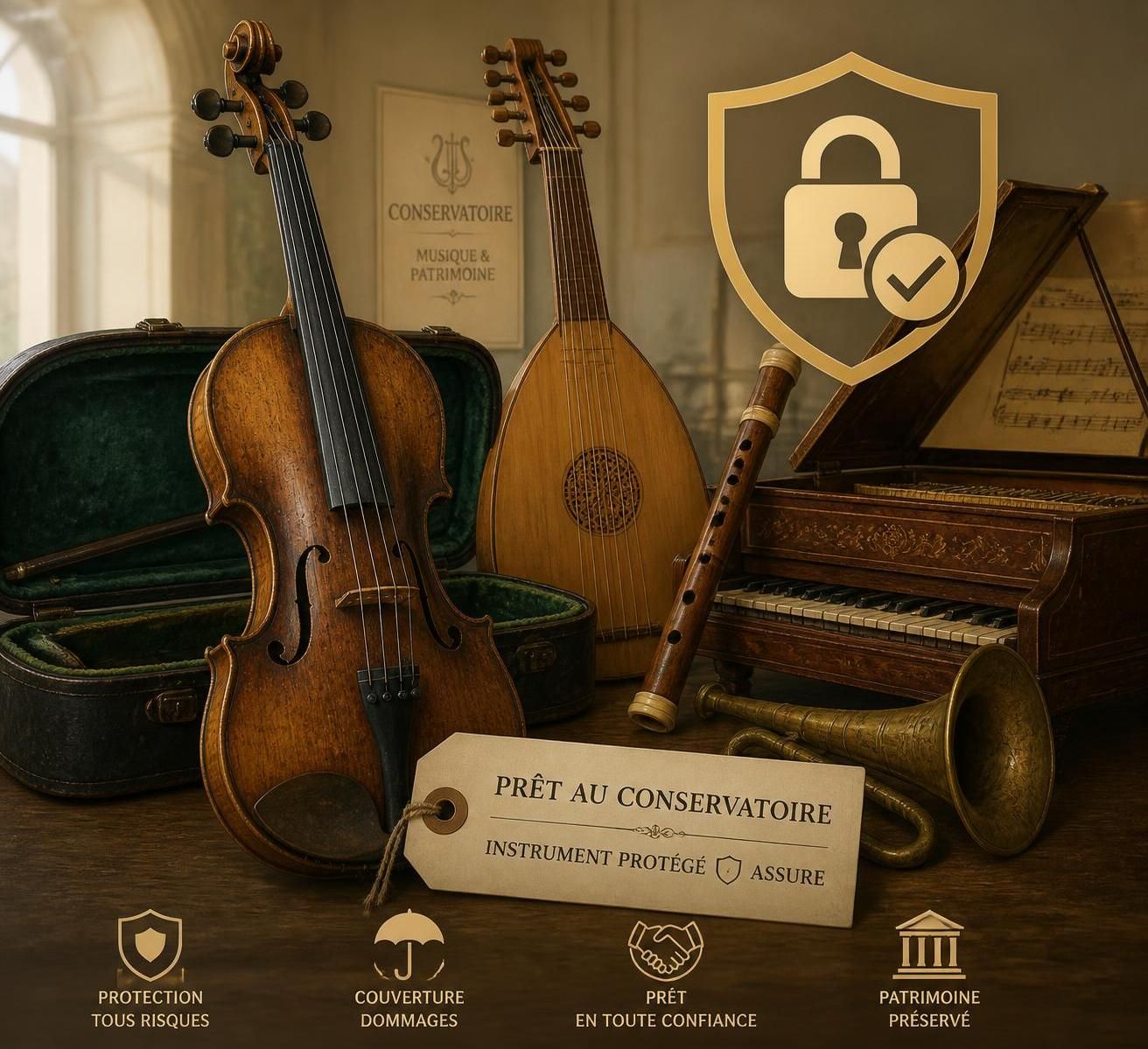 offrez une protection spécialisée pour vos instruments de musique anciens prêtés à un conservatoire grâce à notre garantie dédiée, assurant sécurité et tranquillité d'esprit.